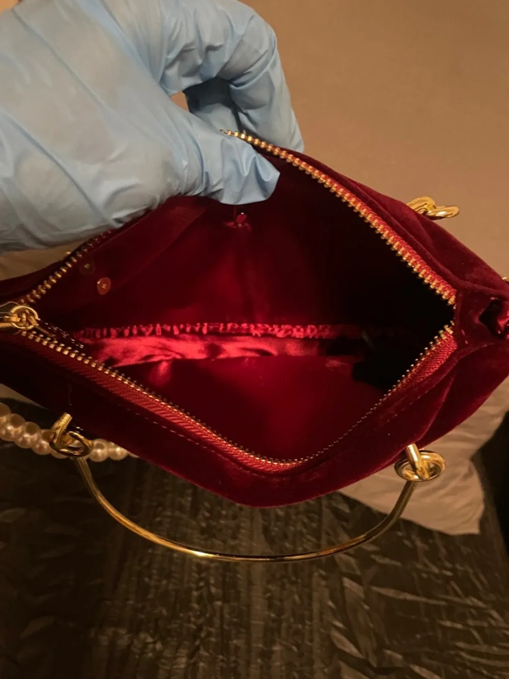 Gucci Burgundy Velvet Mini Bag with Pearl Handle and Bee Emblem - Picture 12 of 17